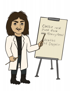 This illustrations shows the Roc Doc teaching rock history at the blackboard.