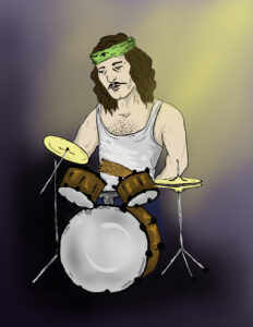 cartoon image of drummer John Bonham
